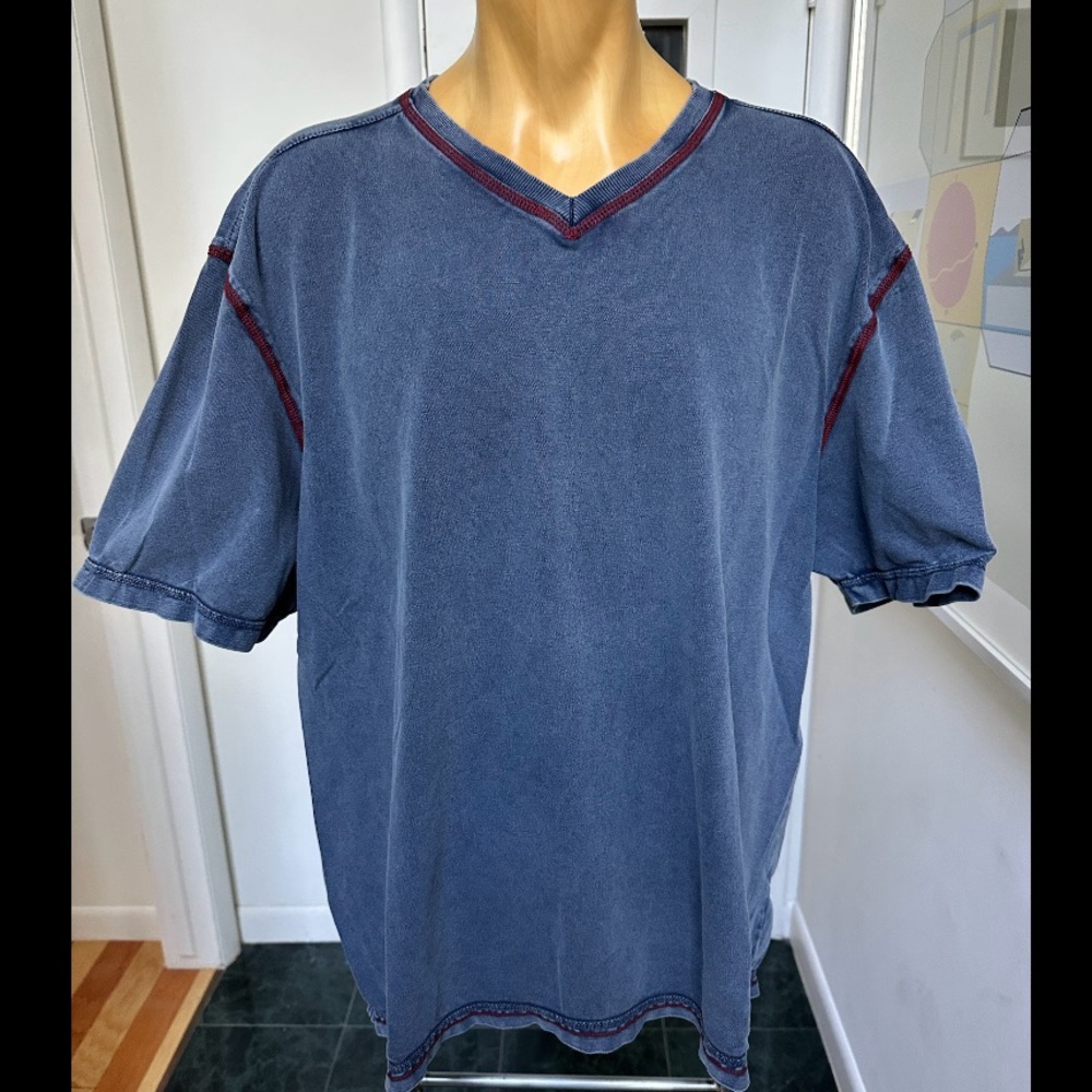 JOHNSTON & MURPHY MENS STONEWASHED FADED KNIT TSHIRT VNECK DENIM BLUE RED XXL EC